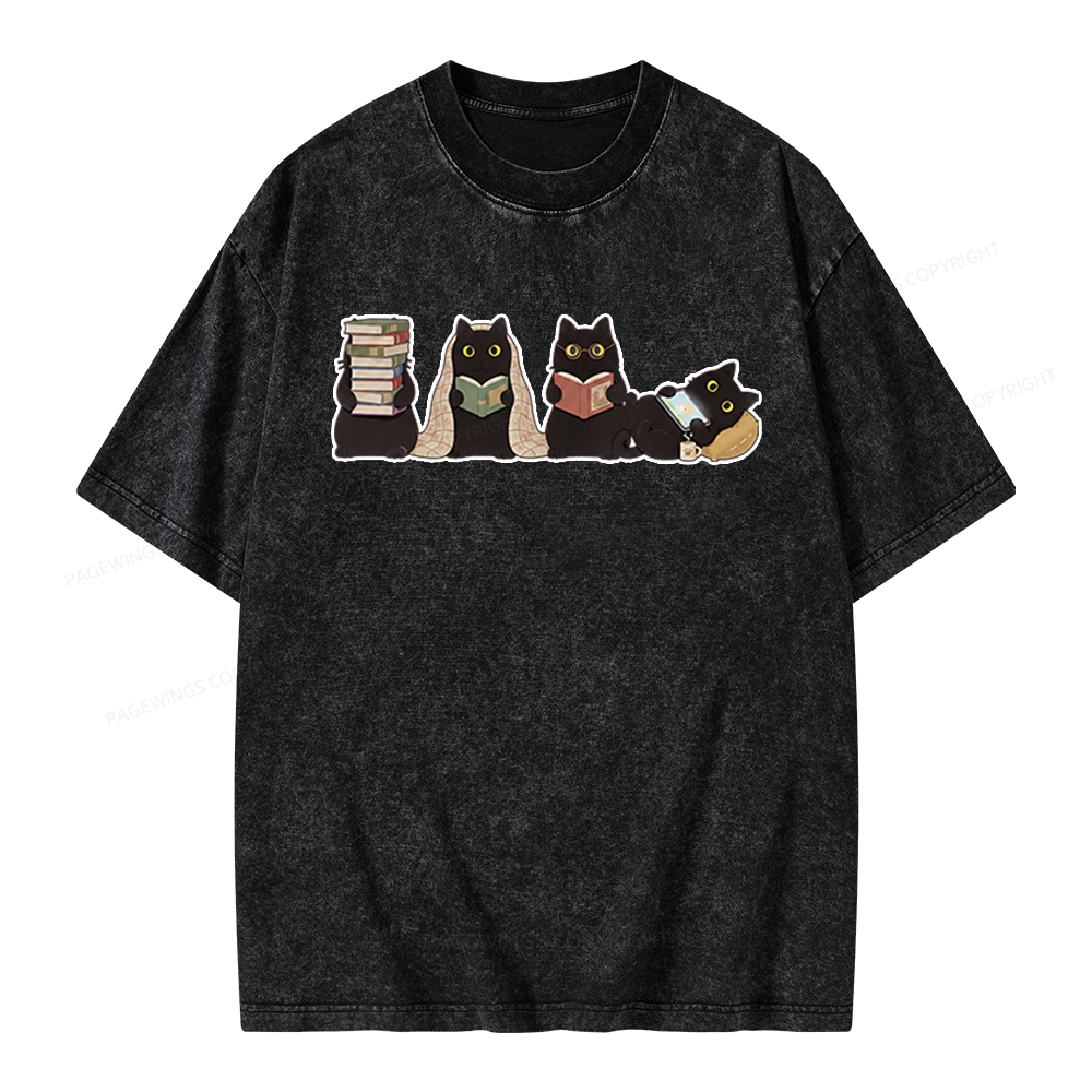 Pagewings Black Cats Reading Unisex Washed T-shirt