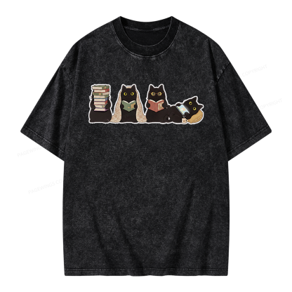 Pagewings Black Cats Reading Unisex Washed T-shirt