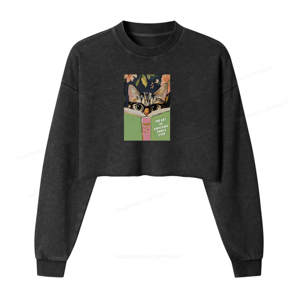 Pagewings Cat Reading Washed Crop Sweatshirt