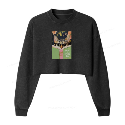 Pagewings Cat Reading Washed Crop Sweatshirt