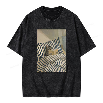 Pagewings Cat Reading Book In Bed Unisex Washed T-shirt