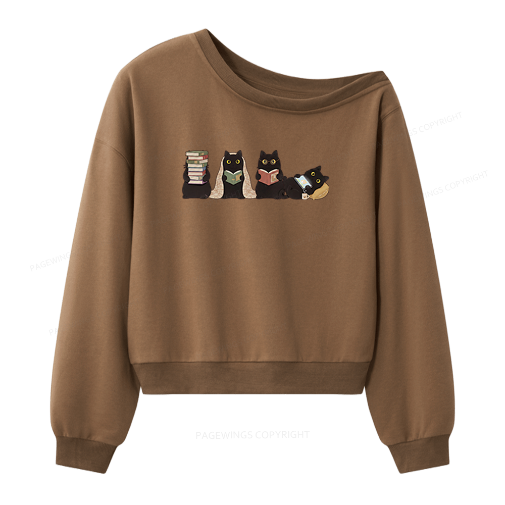 Pagewings Black Cats Reading Women Off Shoulder Sweatshirt