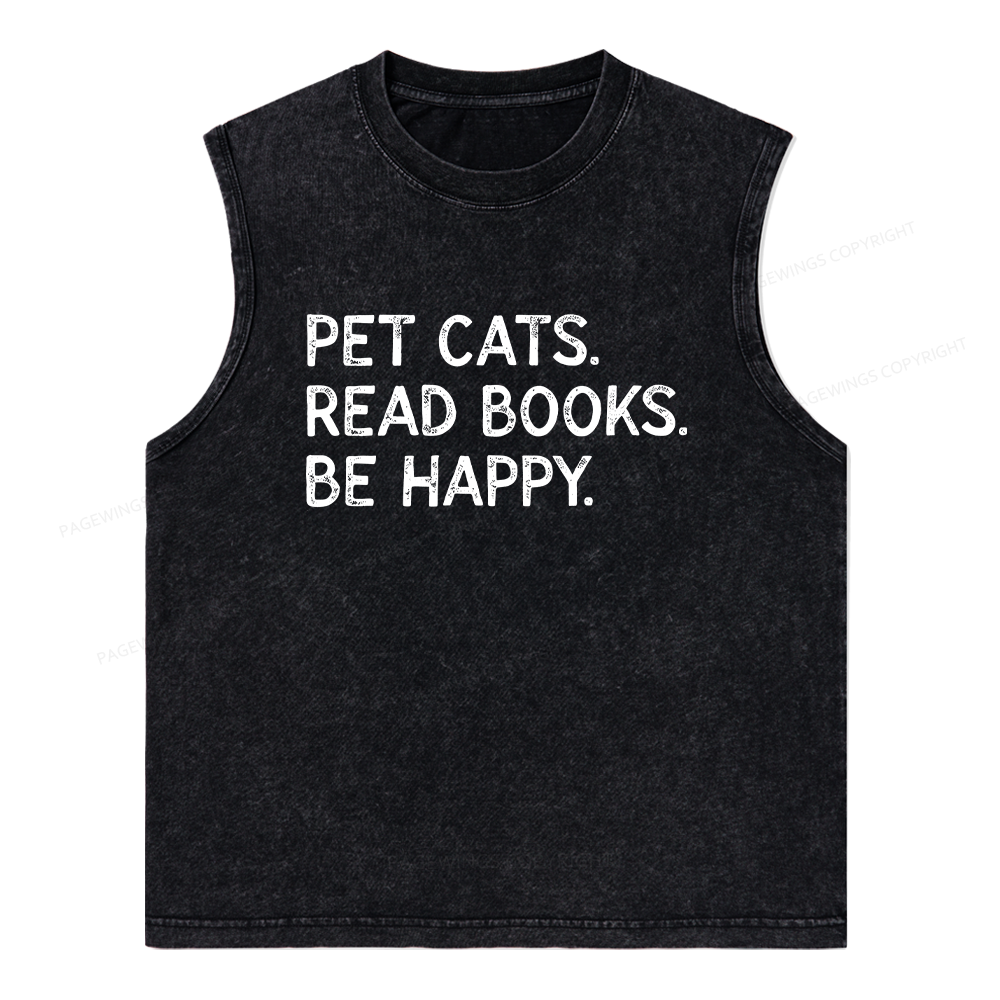 Pagewings Pet Cats Read Books Be Happy Unisex Washed Tank Top