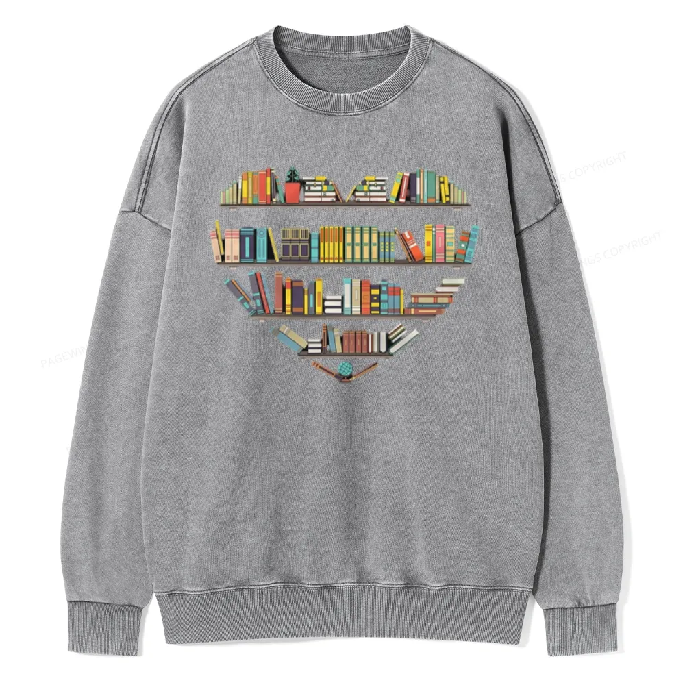 Pagewings Heart Bookshelves Unisex Washed Sweatshirt