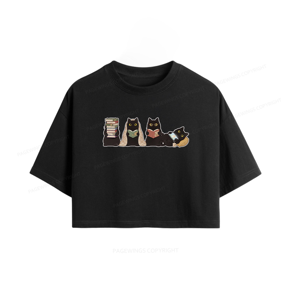 Pagewings Black Cats Reading Women Crop Tops