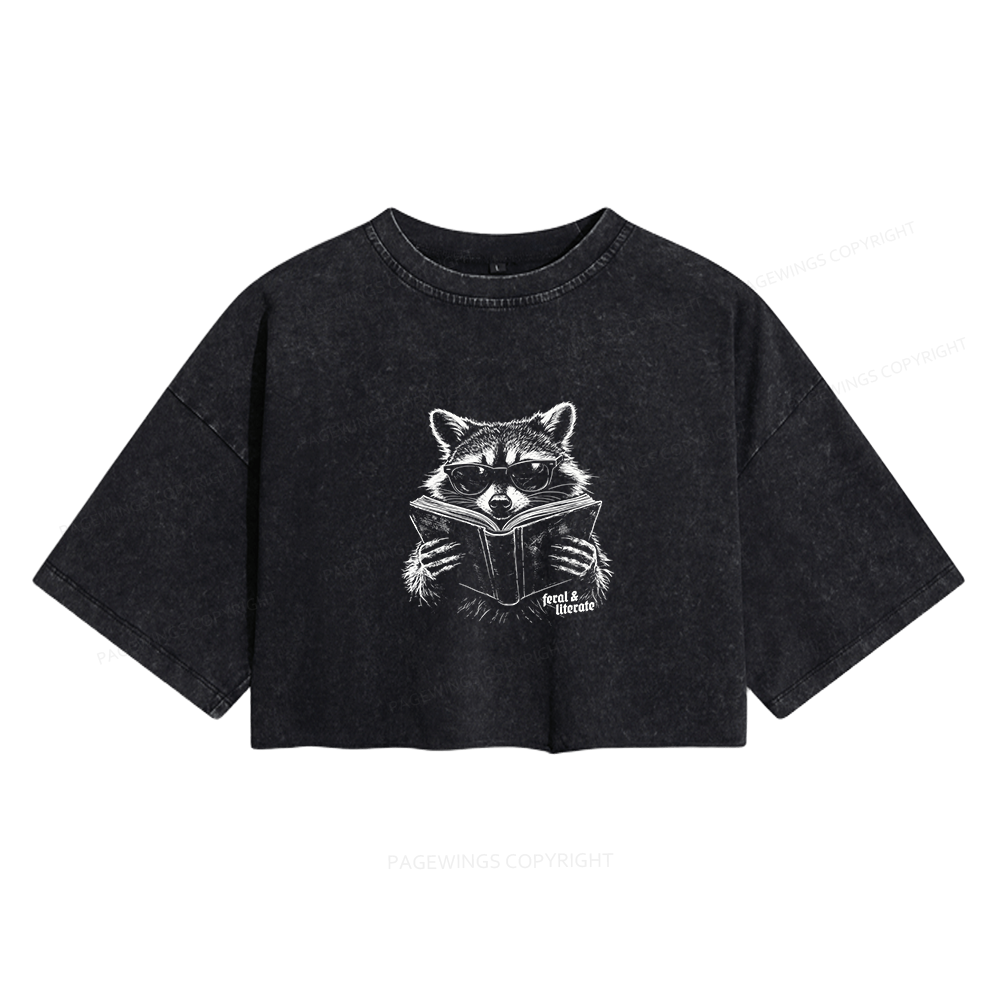 Pagewings Funny Raccoon Women's Washed Cropped T-shirt