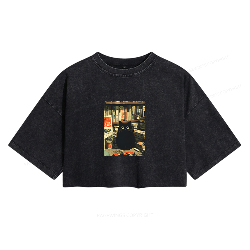 Pagewings Vintage Cat Book Lovers  Women's Washed Cropped T-shirt