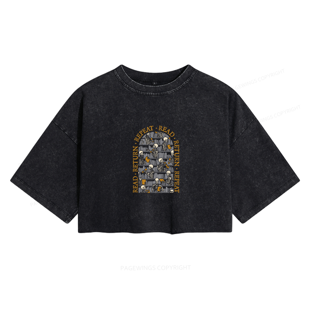 Pagewings Skeleton Library Women's Washed Cropped T-shirt