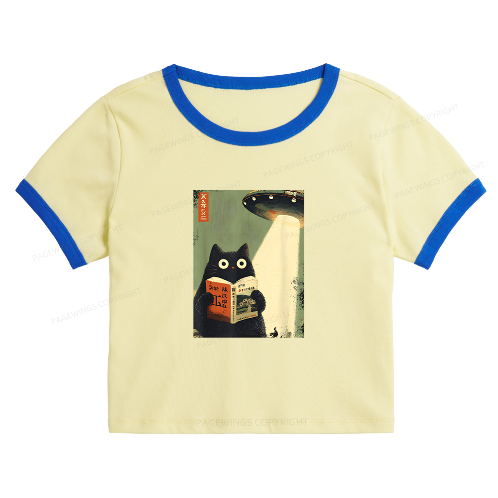 Pagewings Vintage Cat Book Lovers Baby Tee Crop Ringer T-Shirt