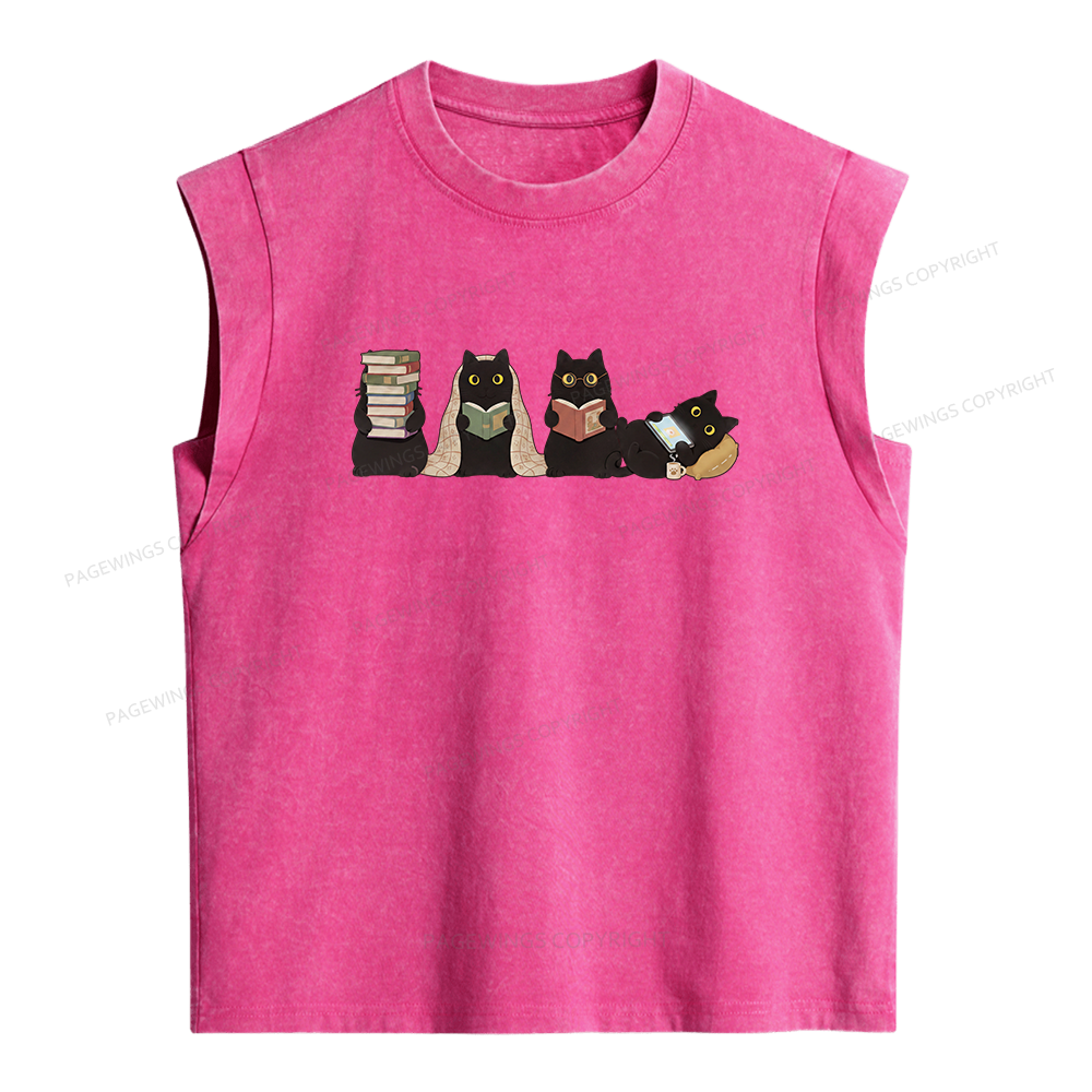 Pagewings Black Cats Reading Women's Washed Tank Top