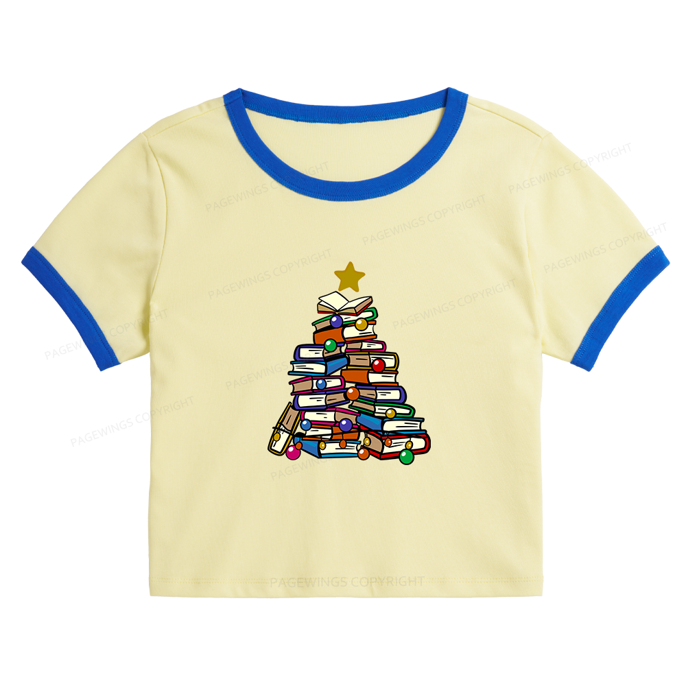 Pagewings Christmas Tree Bookworm Baby Tee Cropped Ringer T-Shirt 