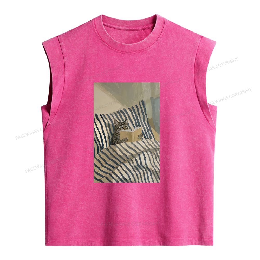 Pagewings Cat Reading Book In Bed Women's Washed Tank Top