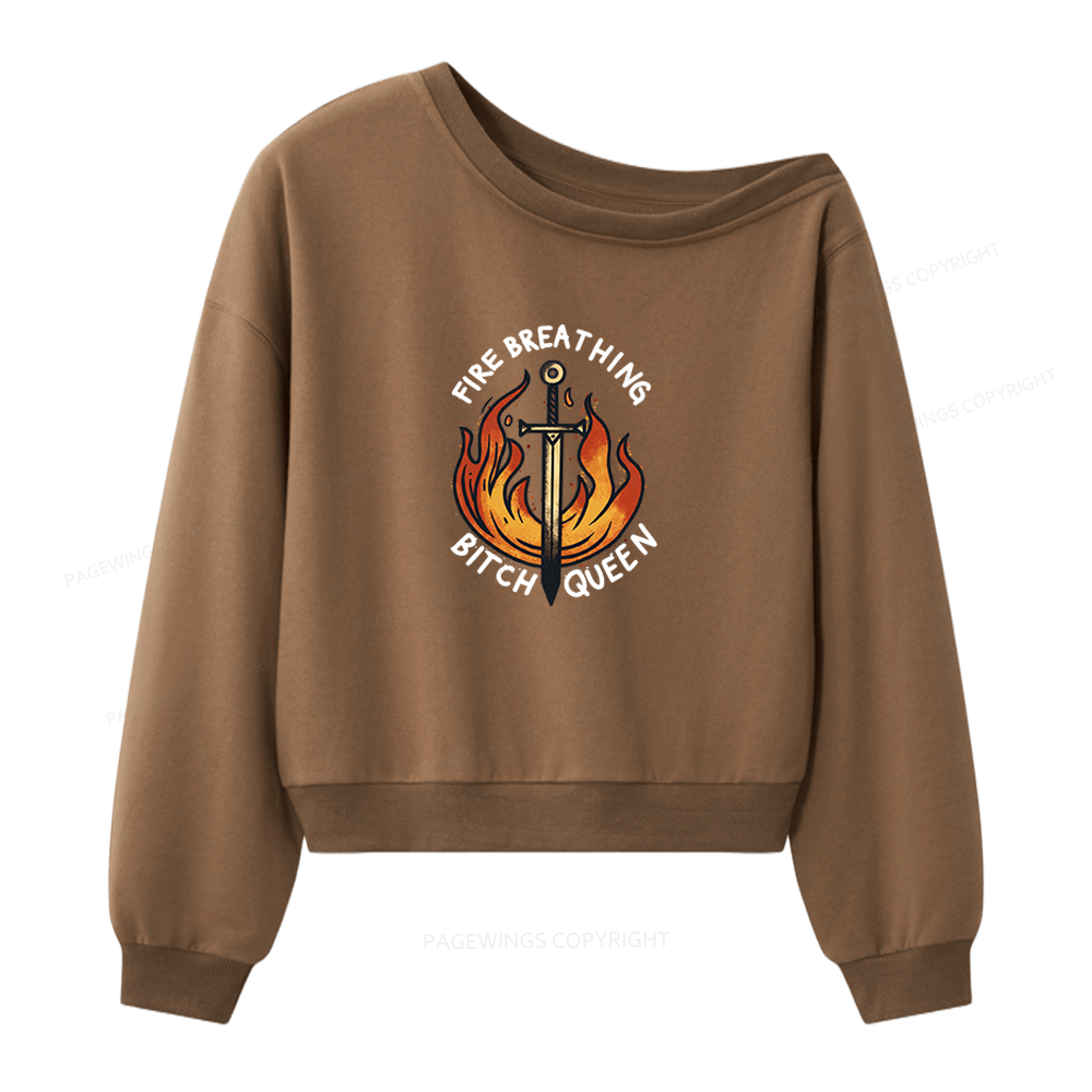Pagewings Fire Breathing Bitch Queen Women Off Shoulder Sweatshirt