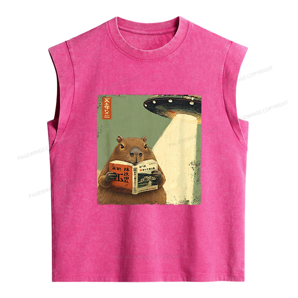 Pagewings Capybara Book Lovers Women's Washed Tank Top