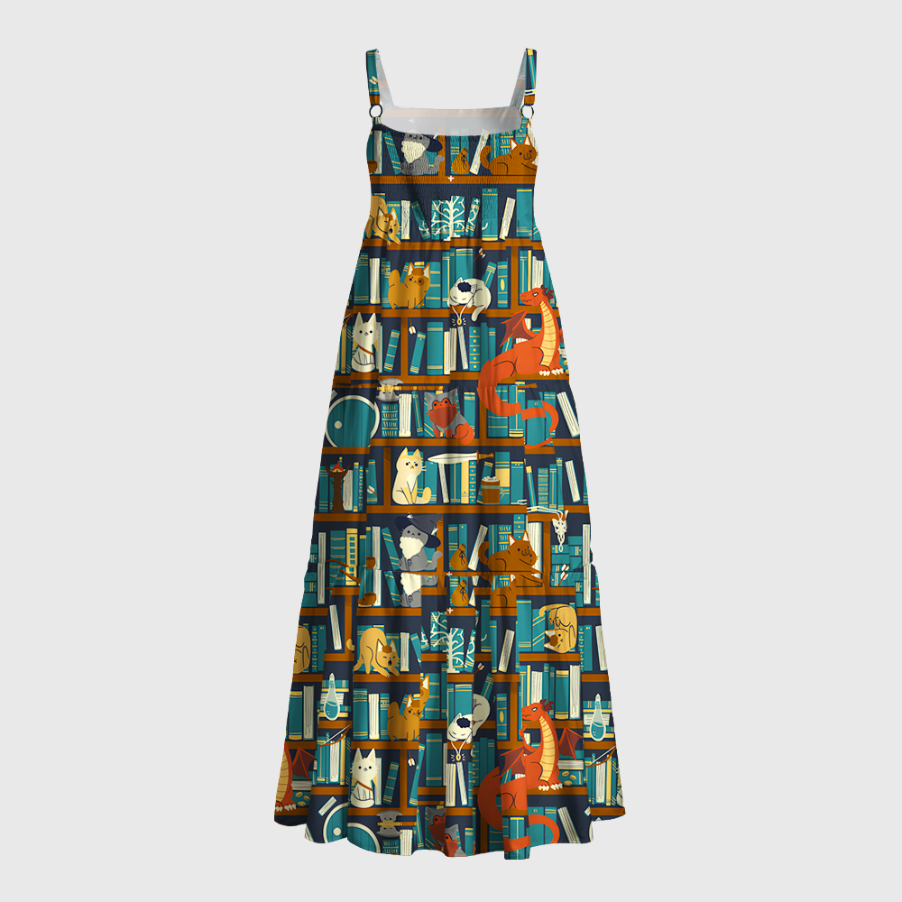 Pagewings Square Neck Reading Cat Maxi Dress