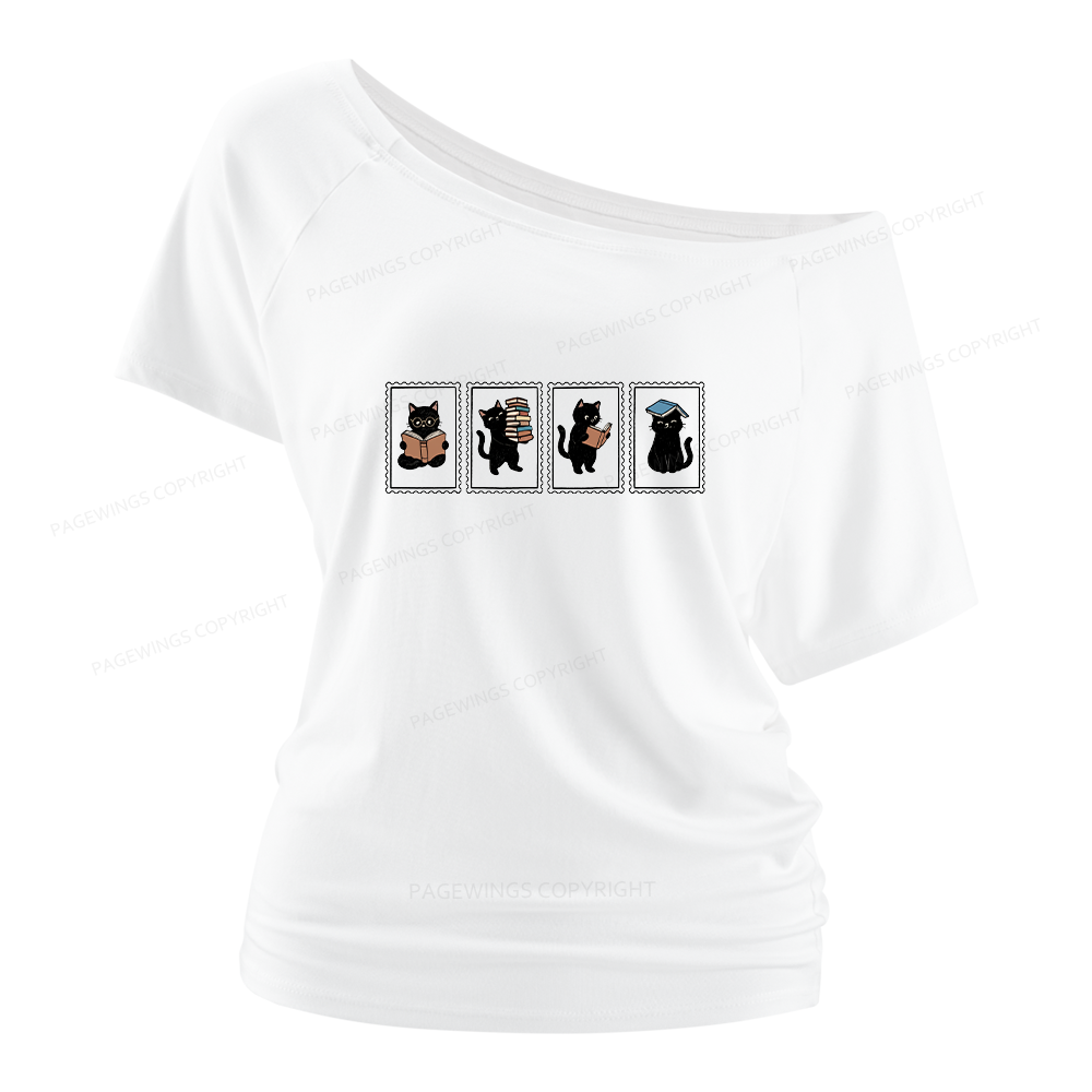 Pagewings Black Cats and Books Women Off Shoulder T-shirts