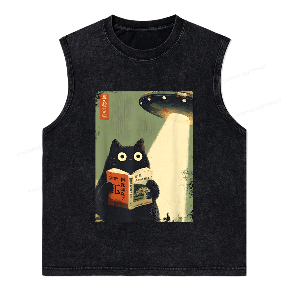 Pagewings Vintage Cat Book Lovers Unisex Washed Tank Top