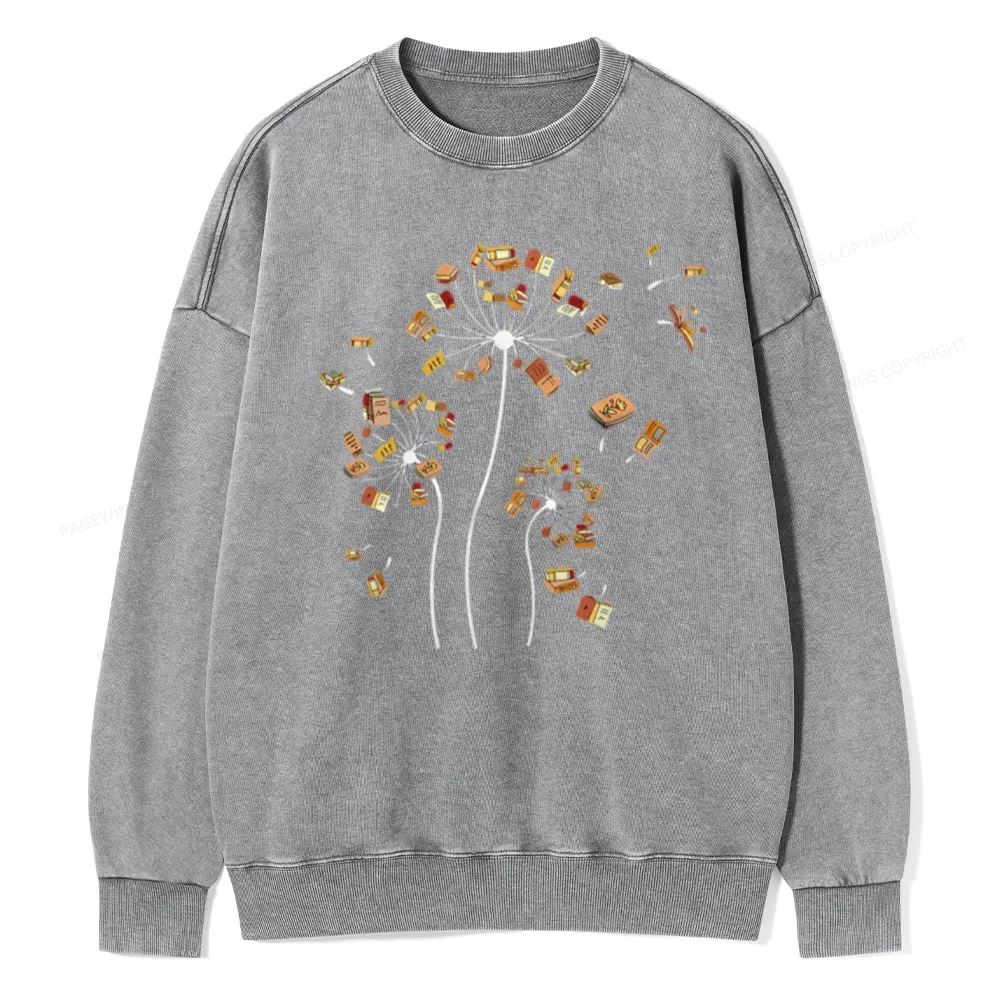 Pagewings Dandelion Flower Books Unisex Washed Sweatshirt