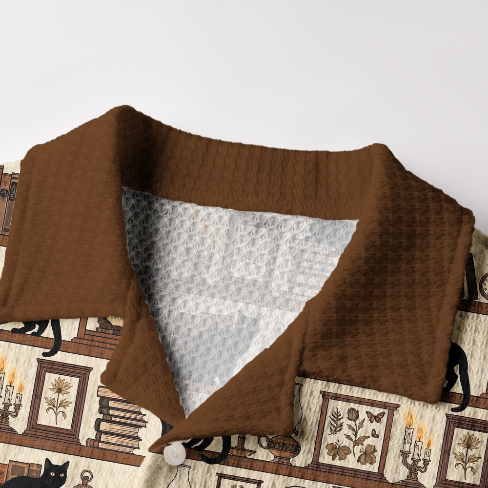 Pagewings Vintage Library Cat Camp Collar Boxy Fit Unisex Crochet Shirt