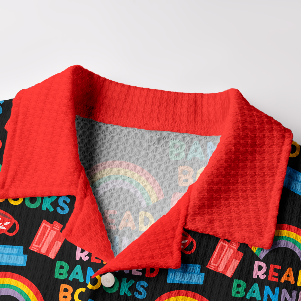 Pagewings Read Banned Books Rainbow  Camp Collar Boxy Fit Unisex Crochet Shirt
