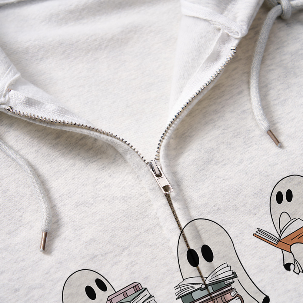 Pagewings Ghost Reading Halloween Unisex Fleece Zip Up Hoodie