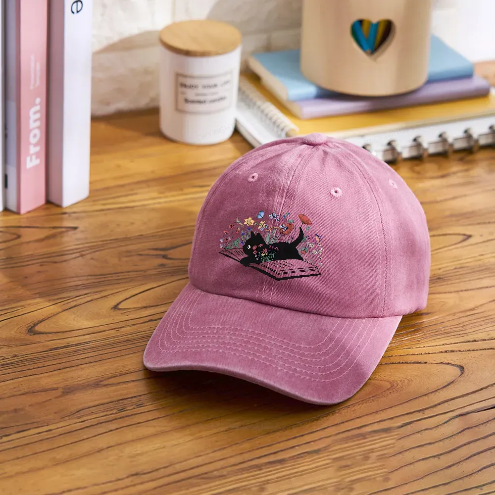 Pagewings Cute Book Cat Washed Cap