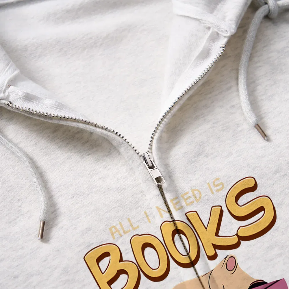 Pagewings All I Need Is Books And Cats Unisex Fleece Zip Up Hoodie