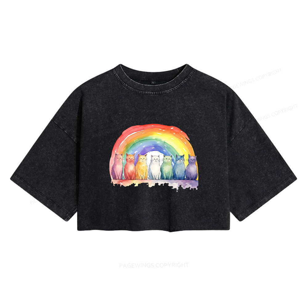 Pagewings Pride Rainbow Cat Women's Washed Cropped T-shirt