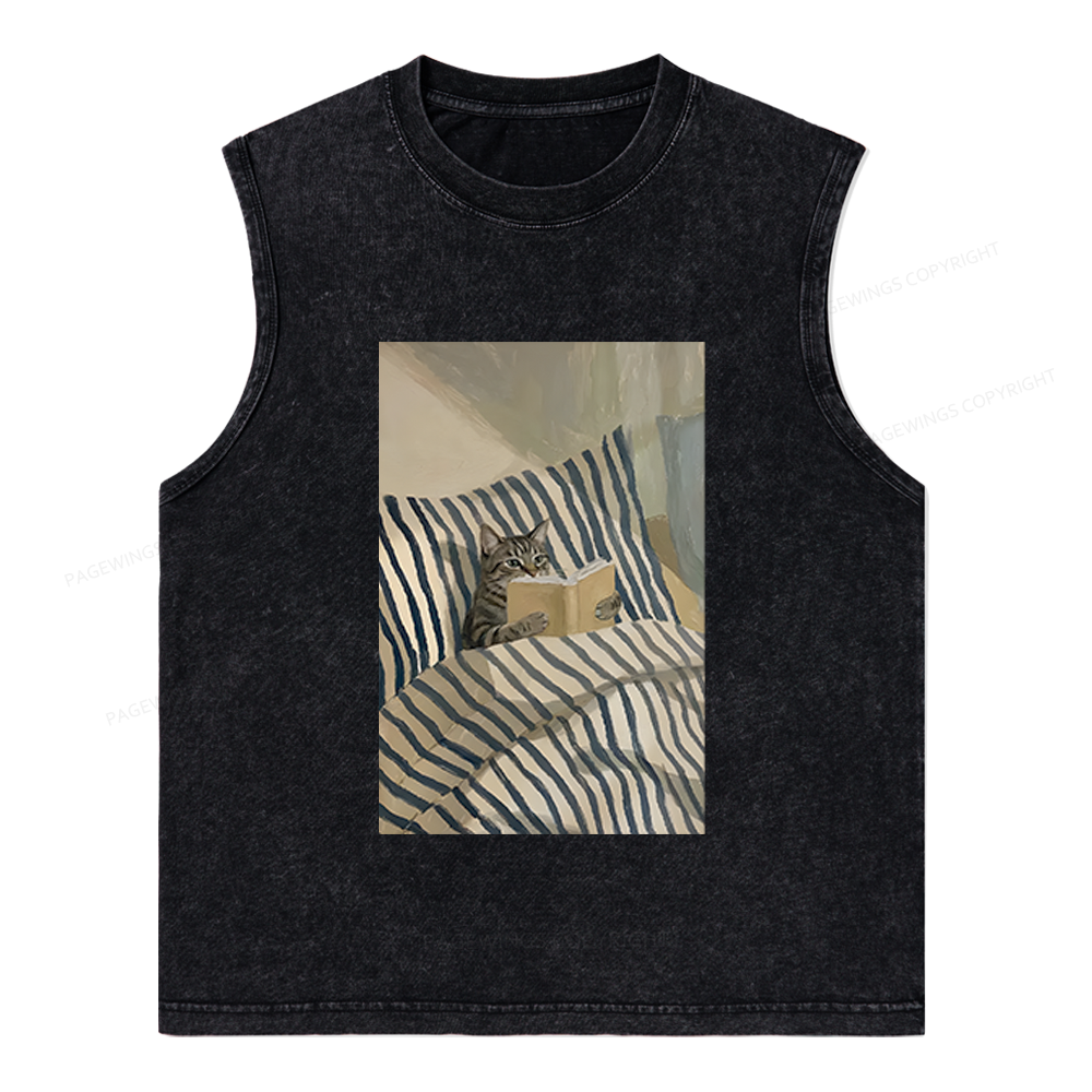Pagewings Cat Reading Book Unisex Washed Tank Top