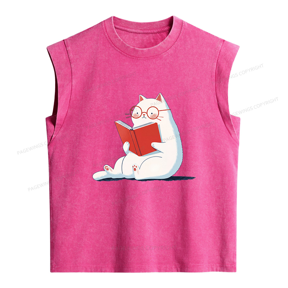 Pagewings Cat Reading Books Women's Washed Tank Top