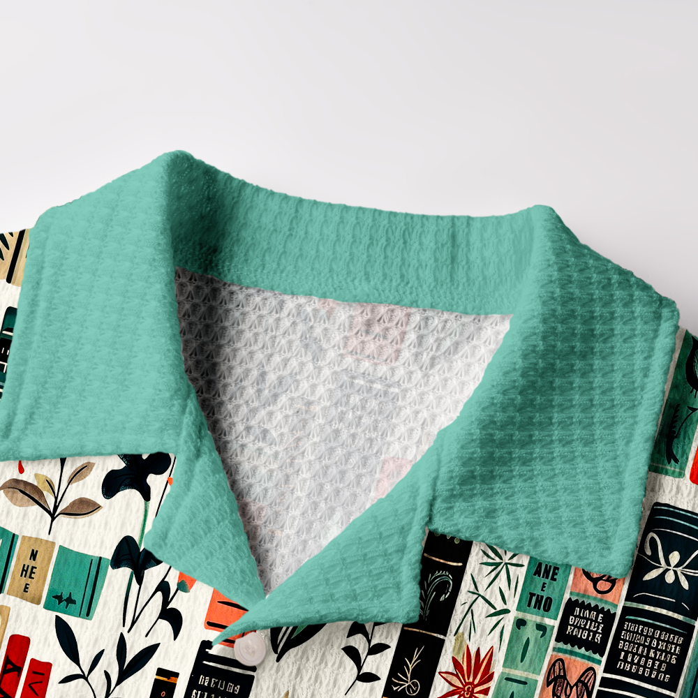 Pagewings Cozy Library Bookshelf Camp Collar Boxy Fit Unisex Crochet Shirt