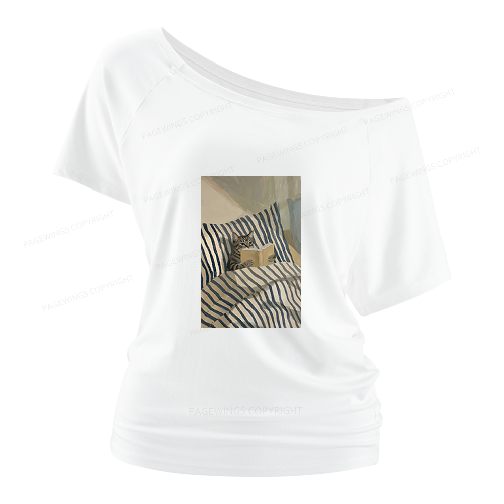 Pagewings Cat Reading Women Off Shoulder T-shirts