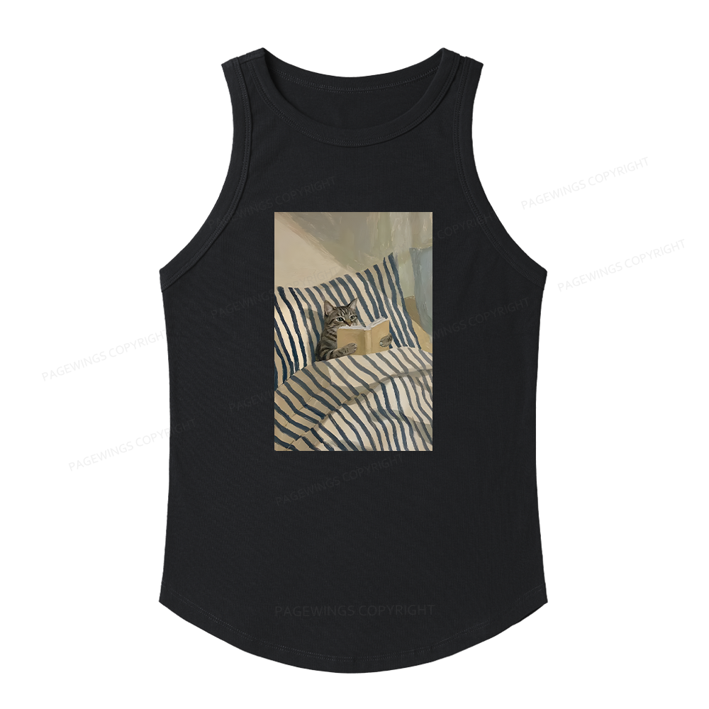 Pagewings Slim Fit Cat Reading Book In Bed Women's Fitted Tank Top 