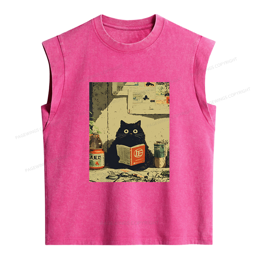 Pagewings Vintage Japanese Cat Book Lovers Women's Washed Tank Top