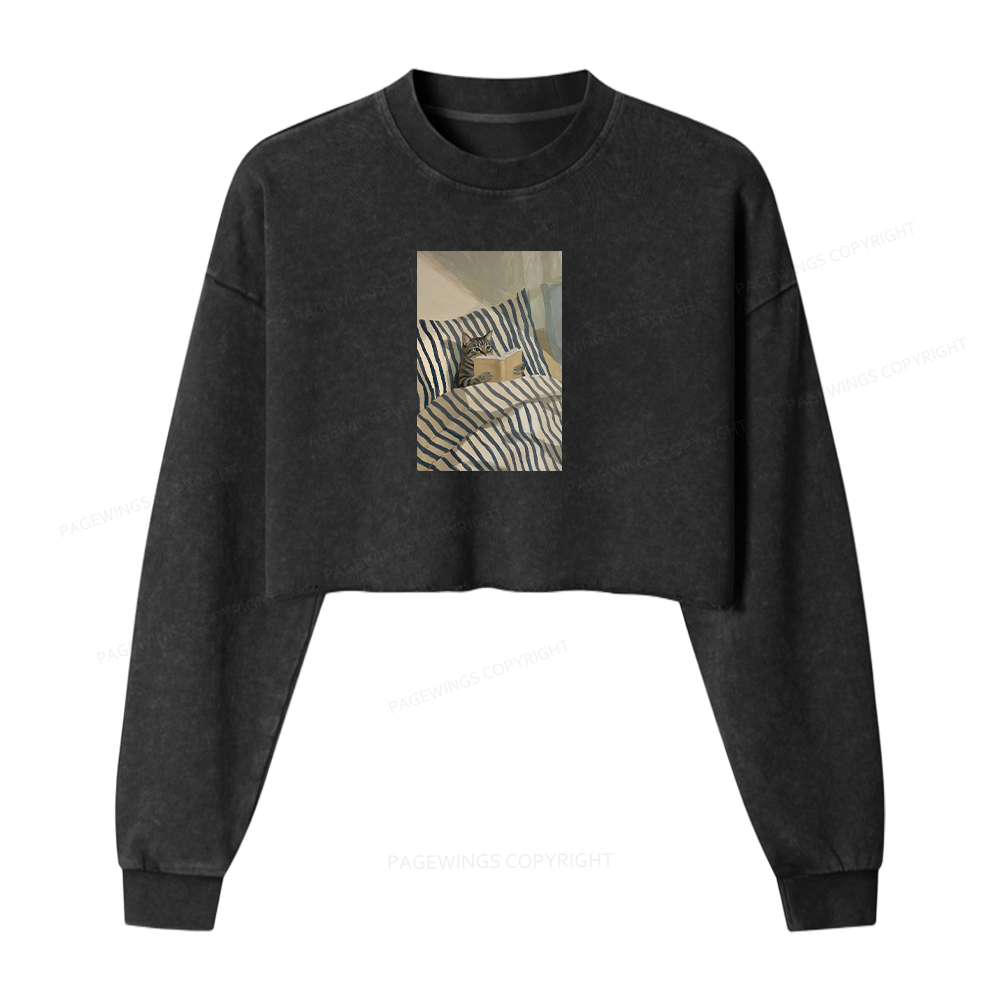 Pagewings Cat Reading Book In Bed Washed Crop Sweatshirt