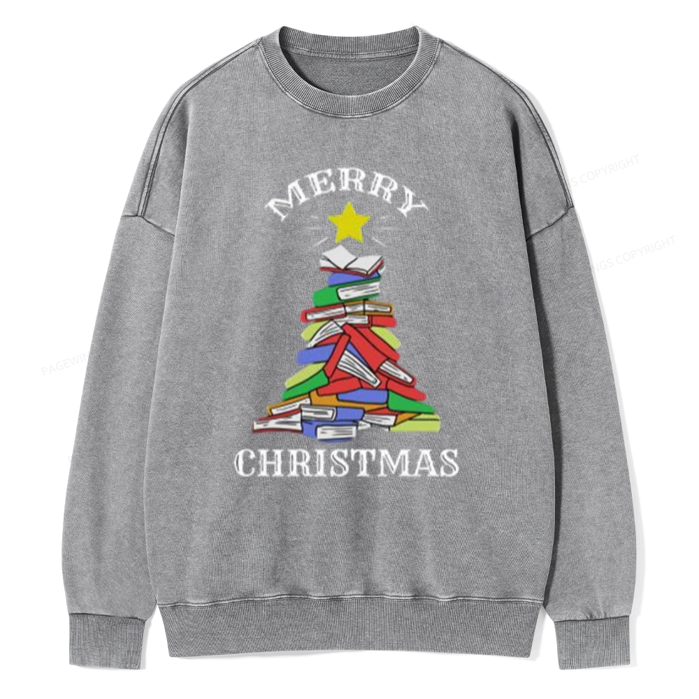 Pagewings Merry Christmas Book Tree Unisex Washed Sweatshirt