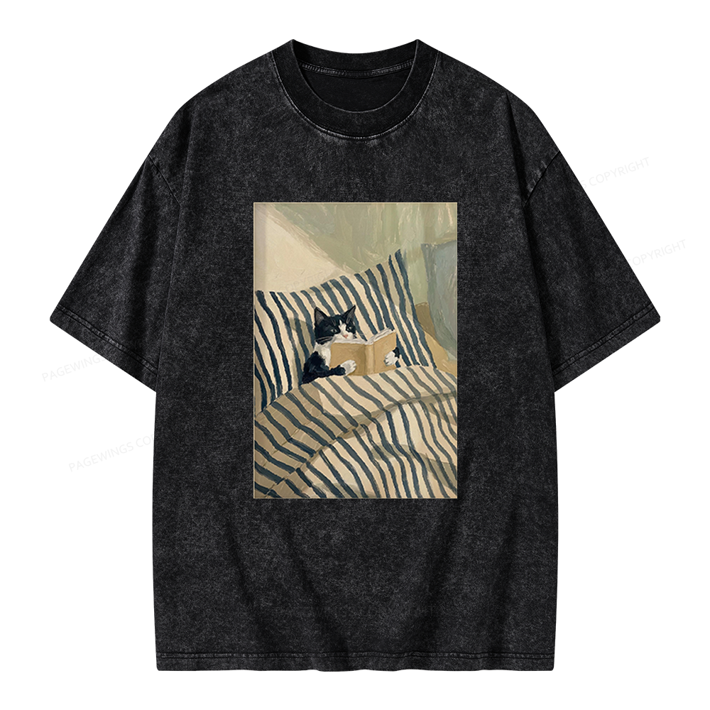 Pagewings Cat Reading Book Unisex Washed T-shirt