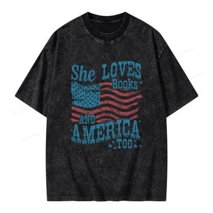 Pagewings She Loves Books And America Too Unisex Washed T-shirt