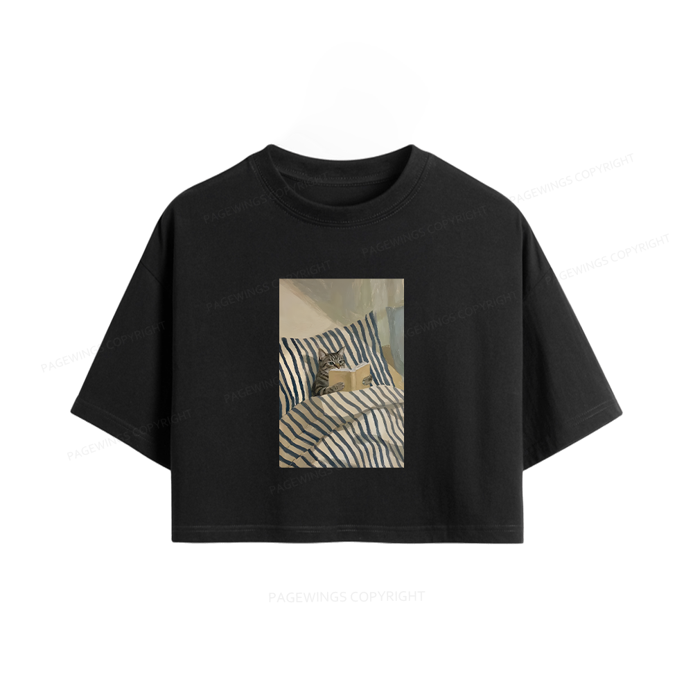 Pagewings Cat Reading Book In Bed Women Crop Tops