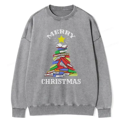 Pagewings Merry Christmas Book Tree Unisex Washed Sweatshirt