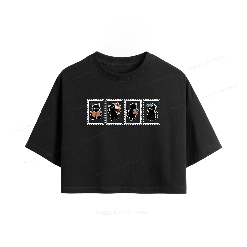 Pagewings Black Cats and Books Women Crop Tops