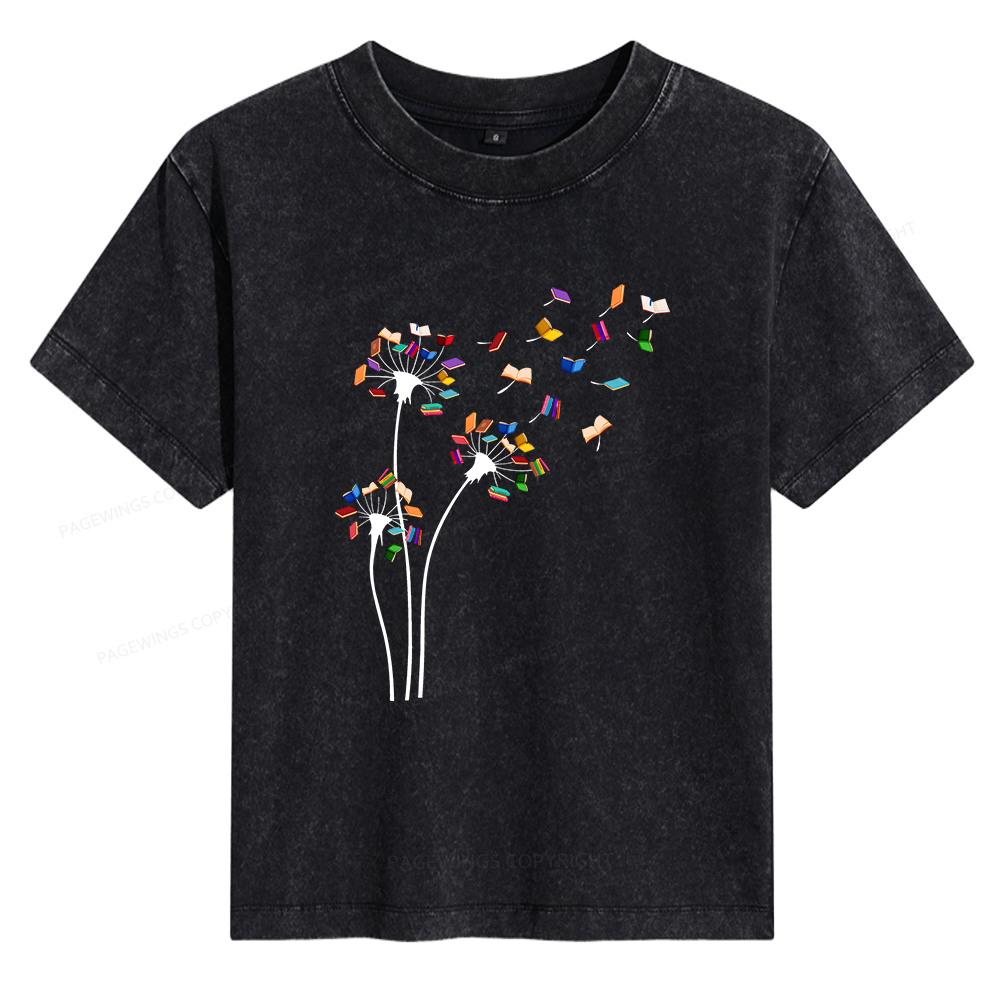 Pagewings Cute Dandelion Books Flower Fly Women's Washed T-shirt