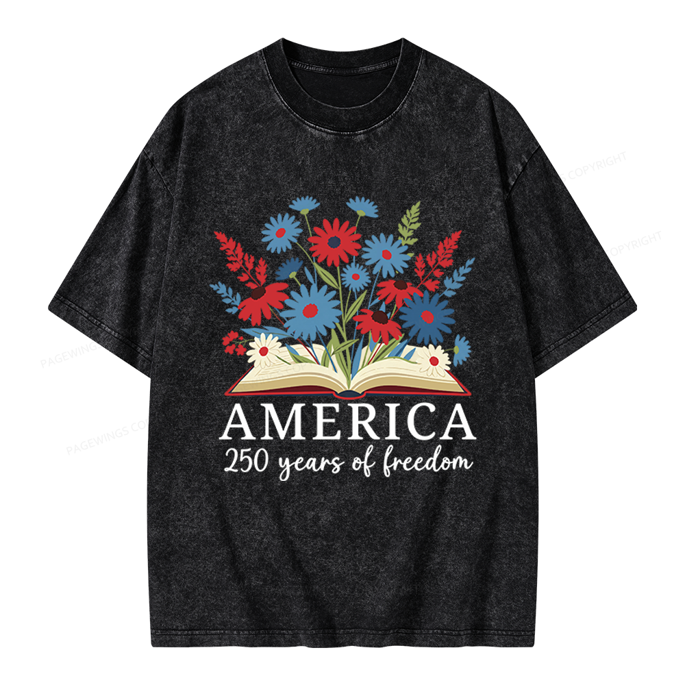 Pagewings Floral Patriotic America 250 Unisex Washed T-shirt