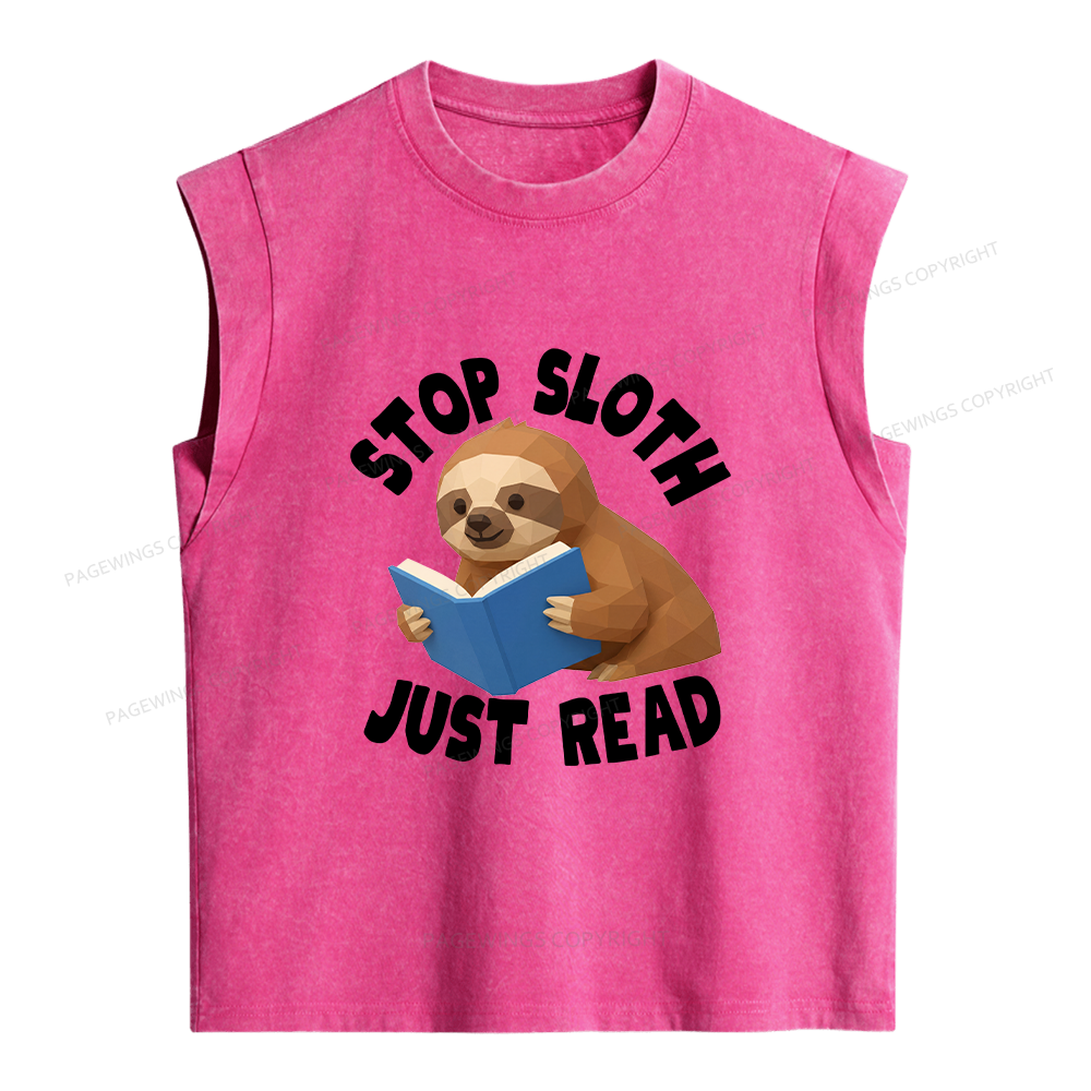 Pagewings Stop Sloth Just Read Women's Washed Tank Top