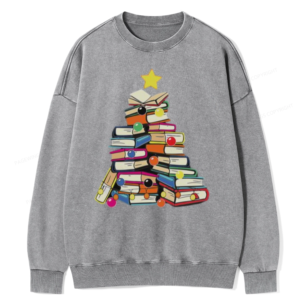 Pagewings Christmas Tree Bookworm Unisex Washed Sweatshirt