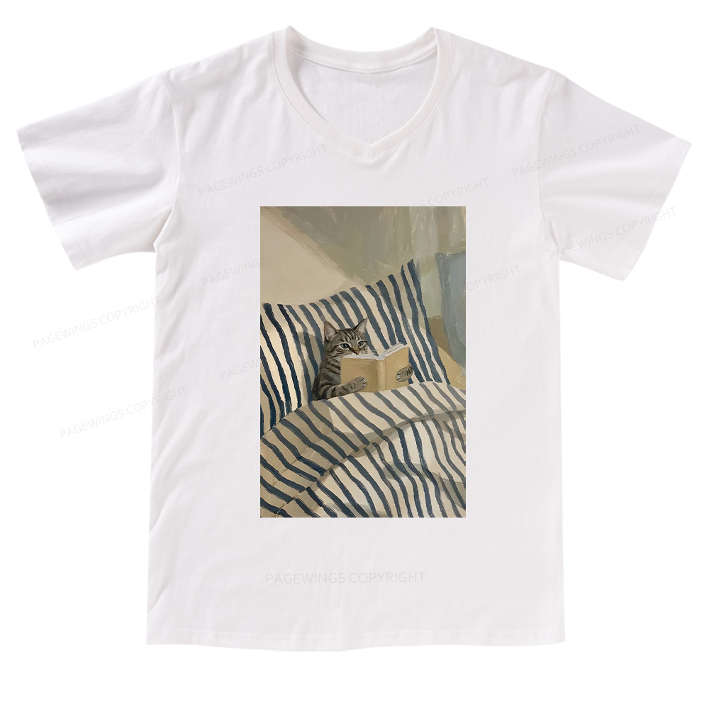 Pagewings Cat Reading Book In Bed V-neck T-shirt