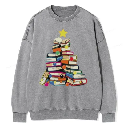 Pagewings Christmas Tree Bookworm Unisex Washed Sweatshirt