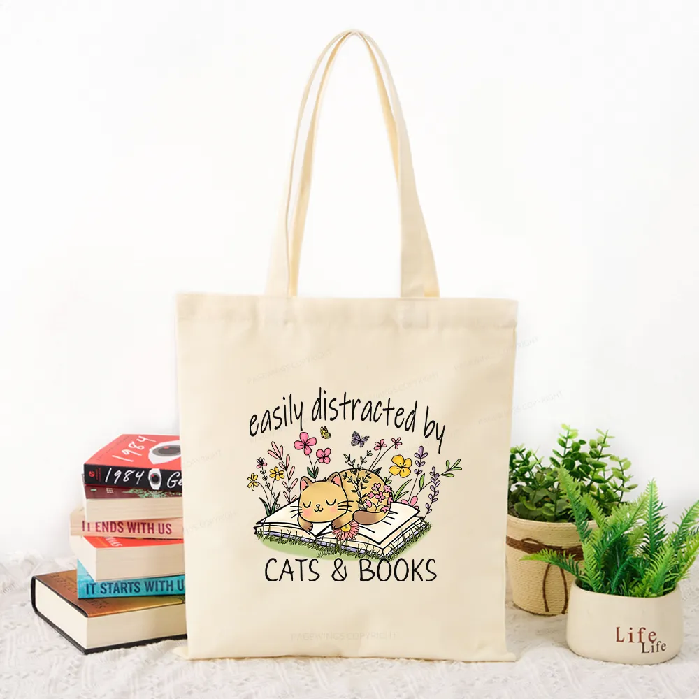 Pagewings Easily Distracted By Cats And Books Tote Bag