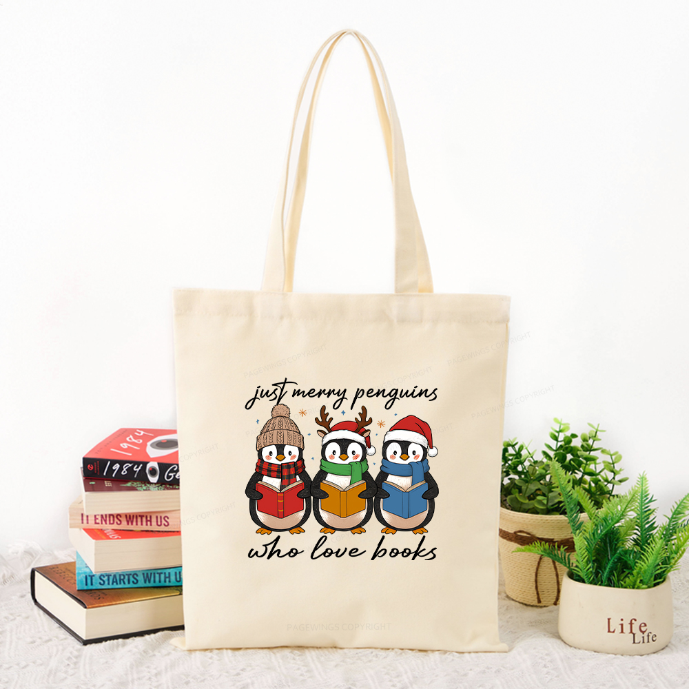 Pagewings Just Merry Penguins Who Love Books Tote Bag