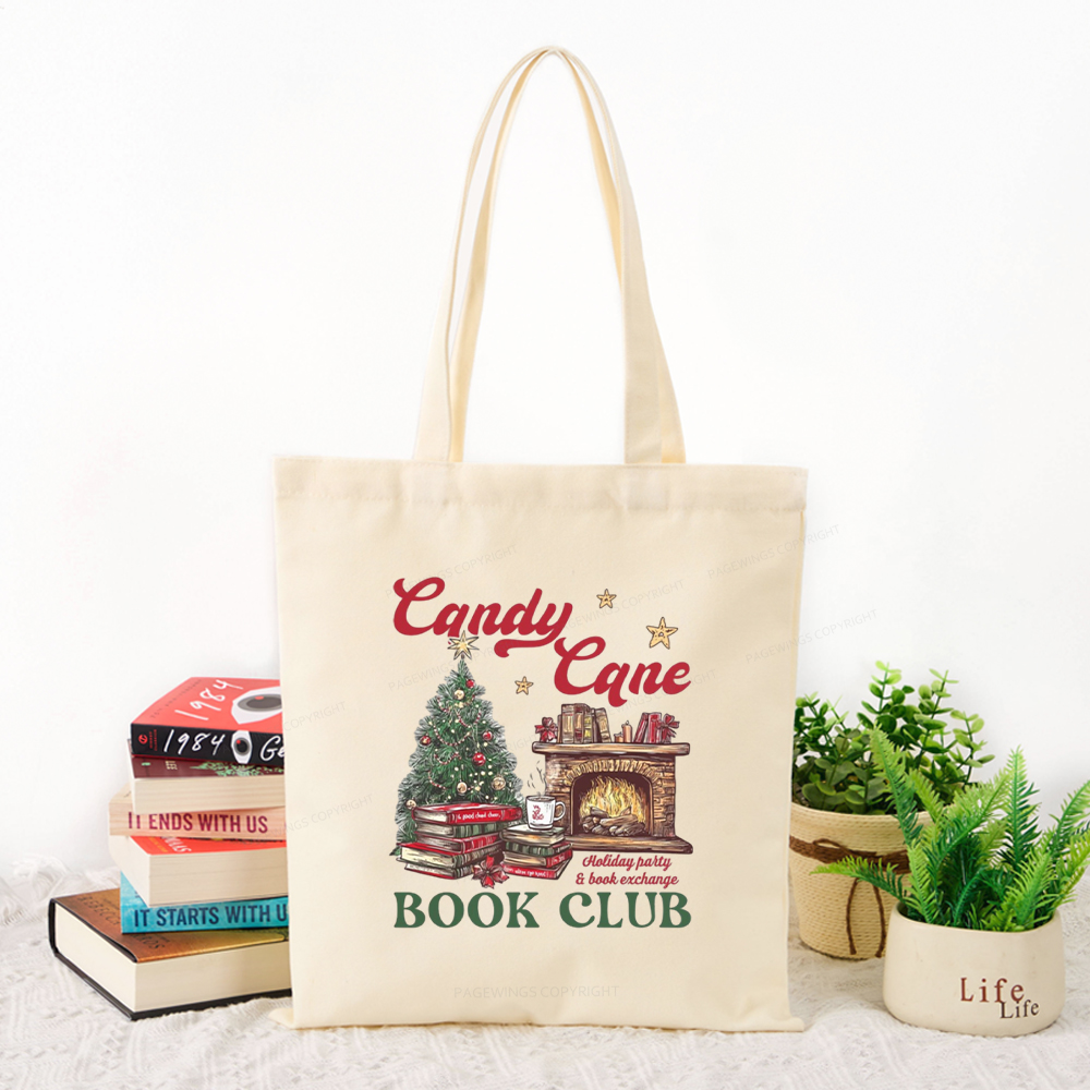 Pagewings Candy Cane Christmas Book Club Tote Bag